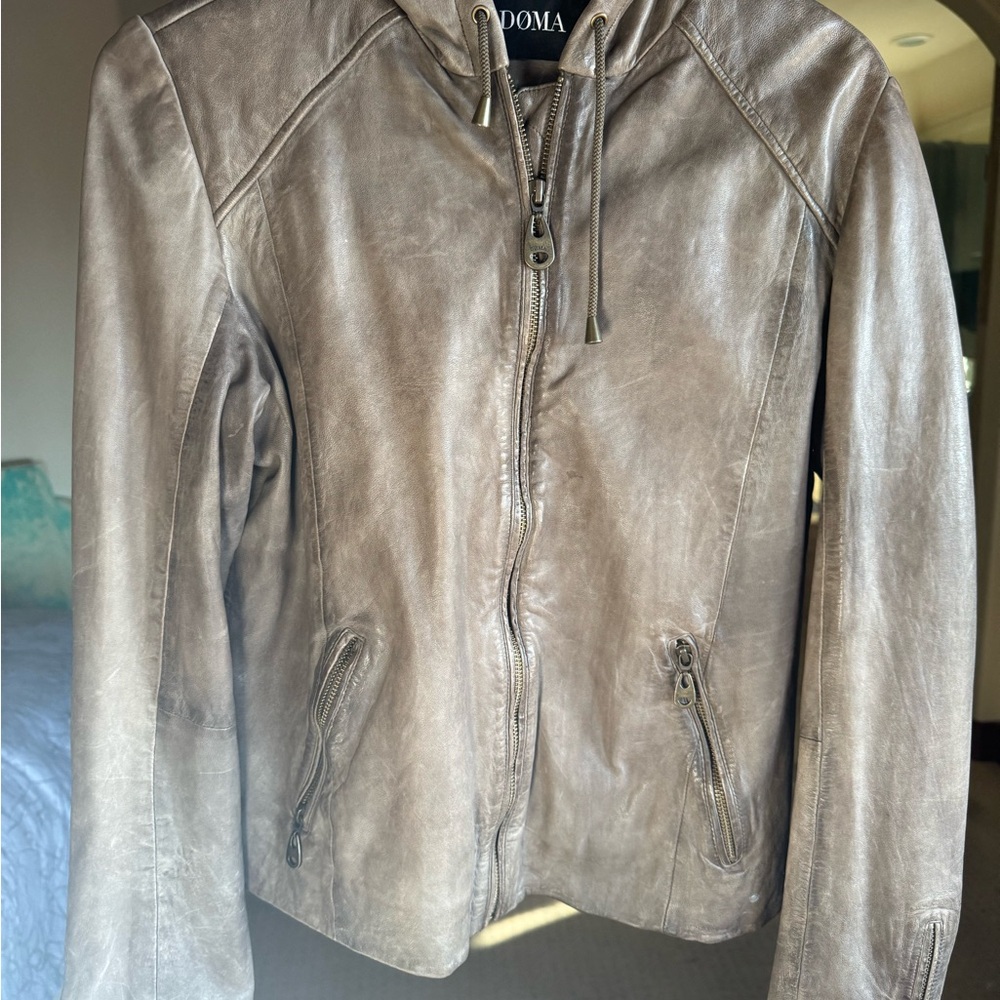 Doma Women's Taupe Leather Jacket with Hood